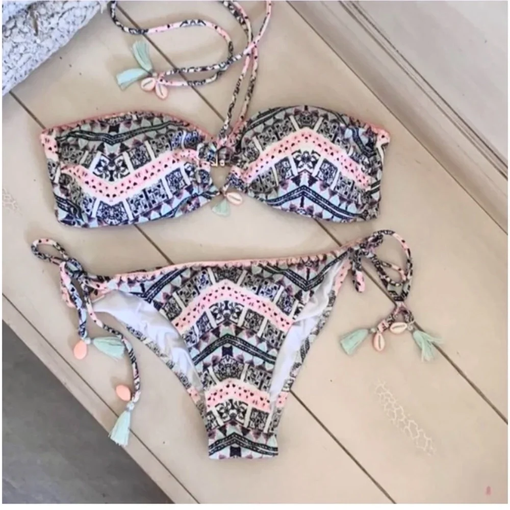 🪞 NWT SET VS printed seashells tube top + side tie bikini bottom matching set